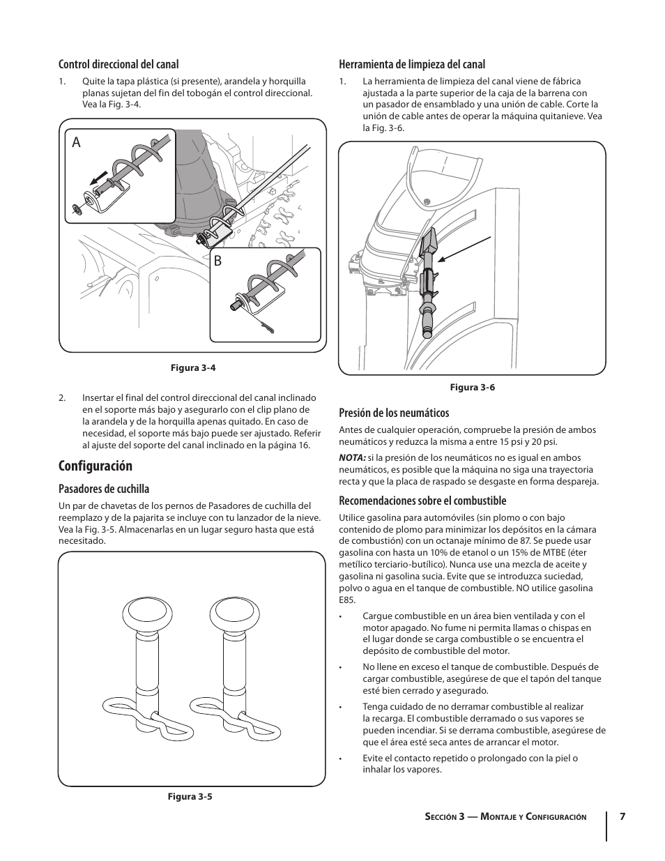 Configuración, Control direccional del canal, Pasadores de cuchilla | Herramienta de limpieza del canal, Presión de los neumáticos, Recomendaciones sobre el combustible | Troy-Bilt 5024 User Manual | Page 35 / 56