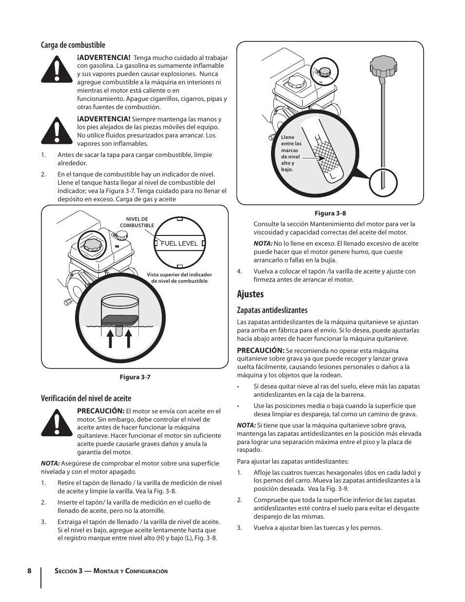 Ajustes, Carga de combustible, Verificación del nivel de aceite | Zapatas antideslizantes | Troy-Bilt 5024 User Manual | Page 36 / 56