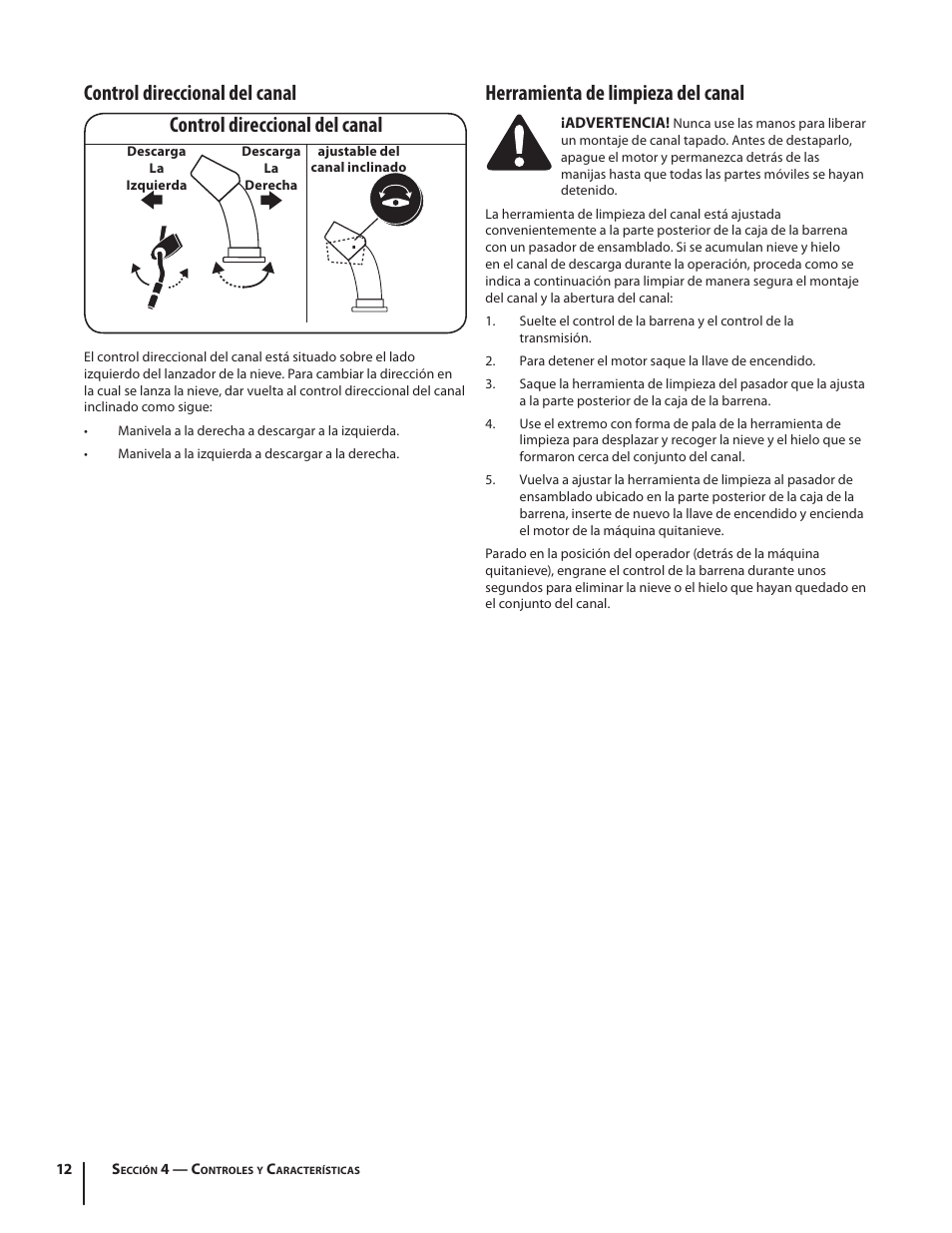 Control direccional del canal, Herramienta de limpieza del canal | Troy-Bilt 5024 User Manual | Page 40 / 56