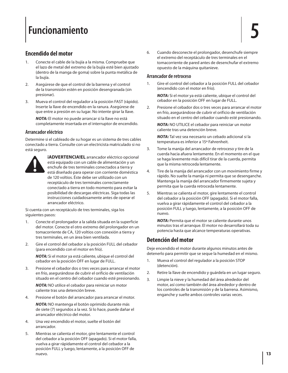 Funcionamiento, Encendido del motor, Detención del motor | Troy-Bilt 5024 User Manual | Page 41 / 56