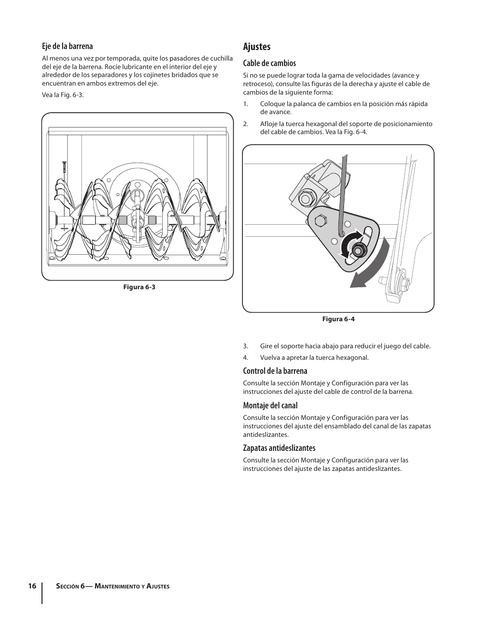 Ajustes, Eje de la barrena, Cable de cambios | Control de la barrena, Montaje del canal, Zapatas antideslizantes | Troy-Bilt 5024 User Manual | Page 44 / 56
