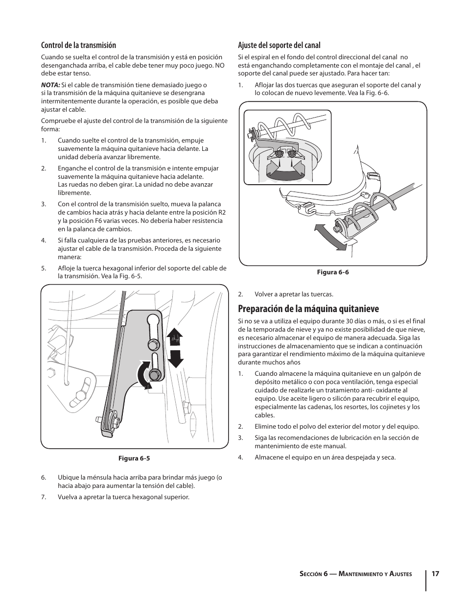 Preparación de la máquina quitanieve, Control de la transmisión, Ajuste del soporte del canal | Troy-Bilt 5024 User Manual | Page 45 / 56