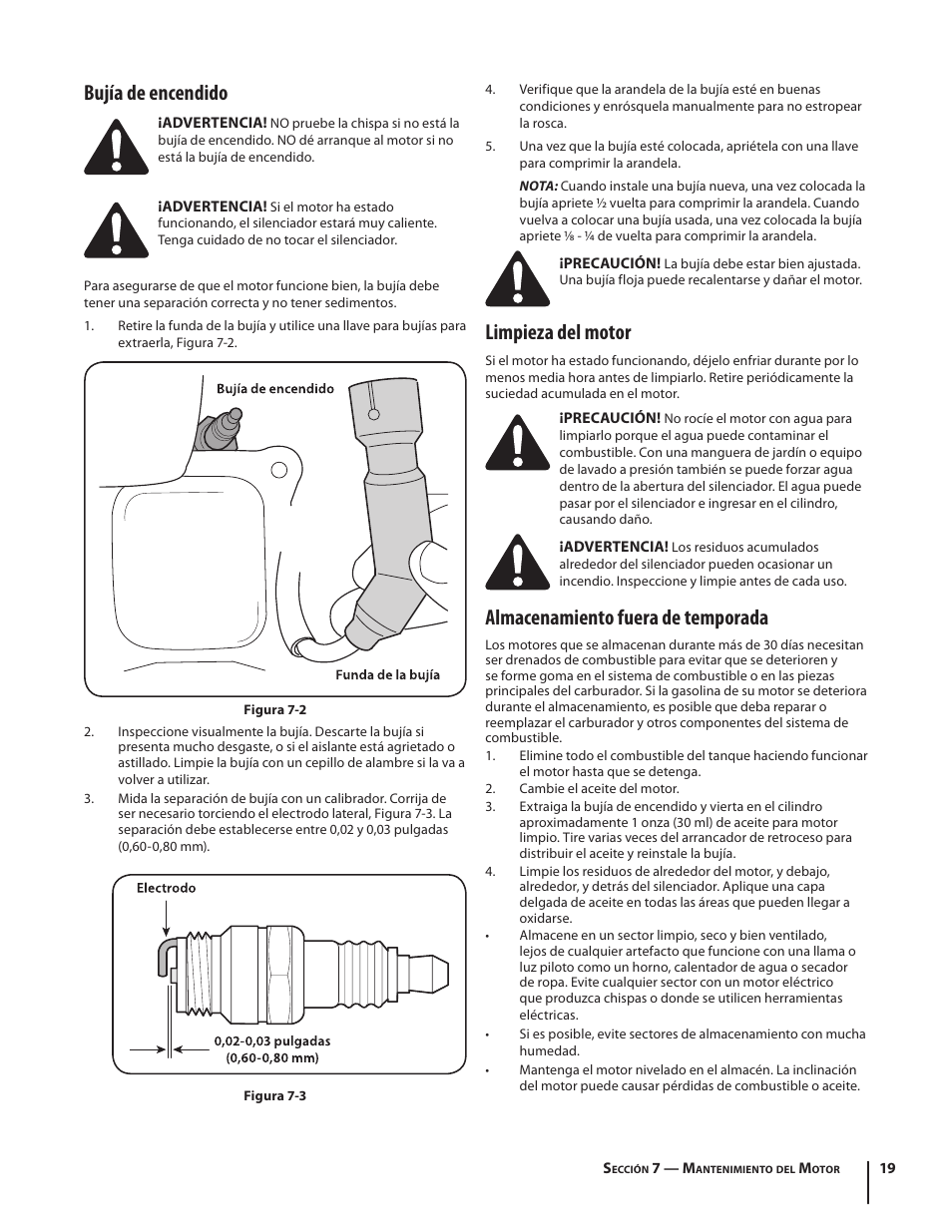 Limpieza del motor, Almacenamiento fuera de temporada, Bujía de encendido | Troy-Bilt 5024 User Manual | Page 47 / 56
