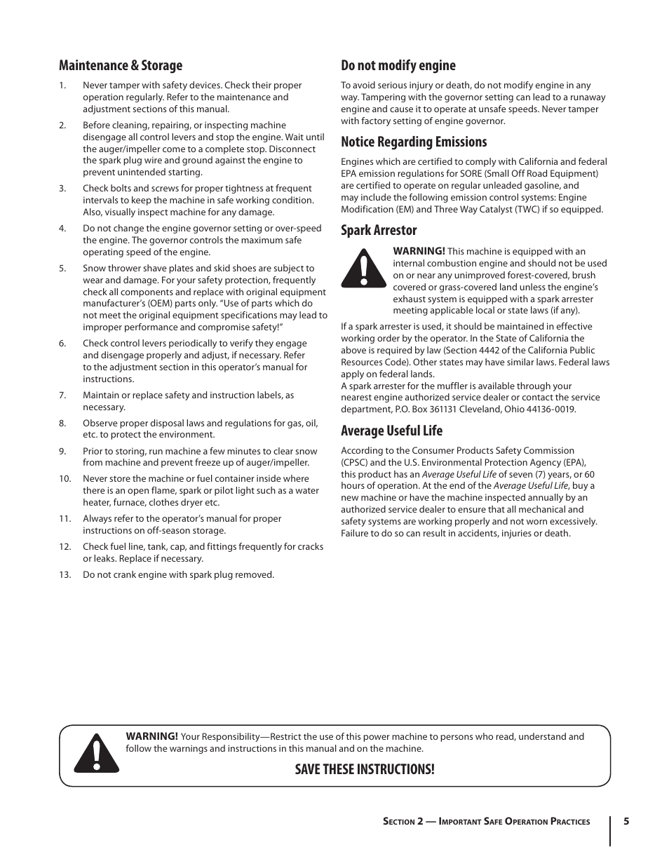 Maintenance & storage, Do not modify engine, Notice regarding emissions | Spark arrestor, Average useful life, Save these instructions | Troy-Bilt 5024 User Manual | Page 5 / 56