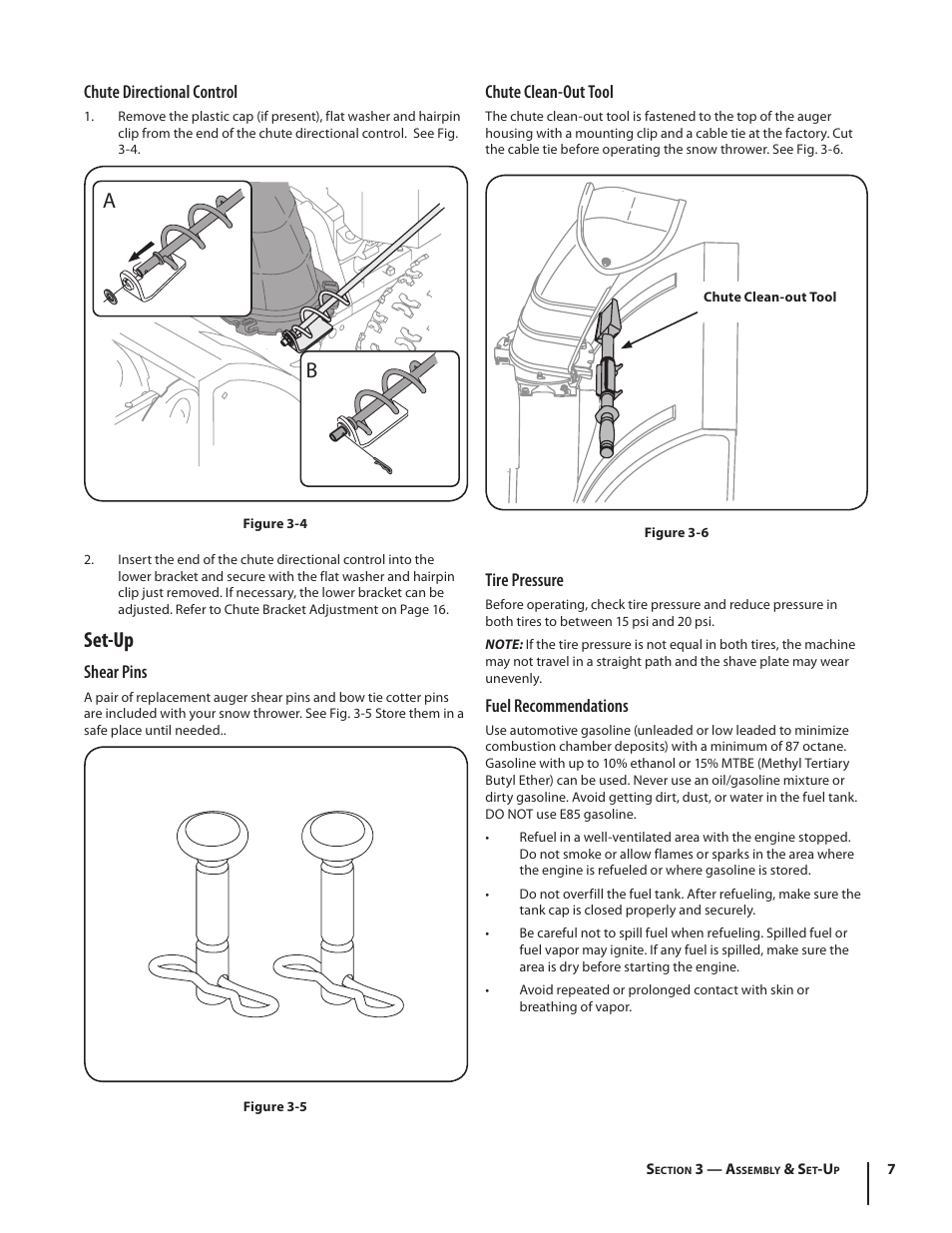 Set-up, Chute directional control, Shear pins | Chute clean-out tool, Tire pressure, Fuel recommendations | Troy-Bilt 5024 User Manual | Page 7 / 56