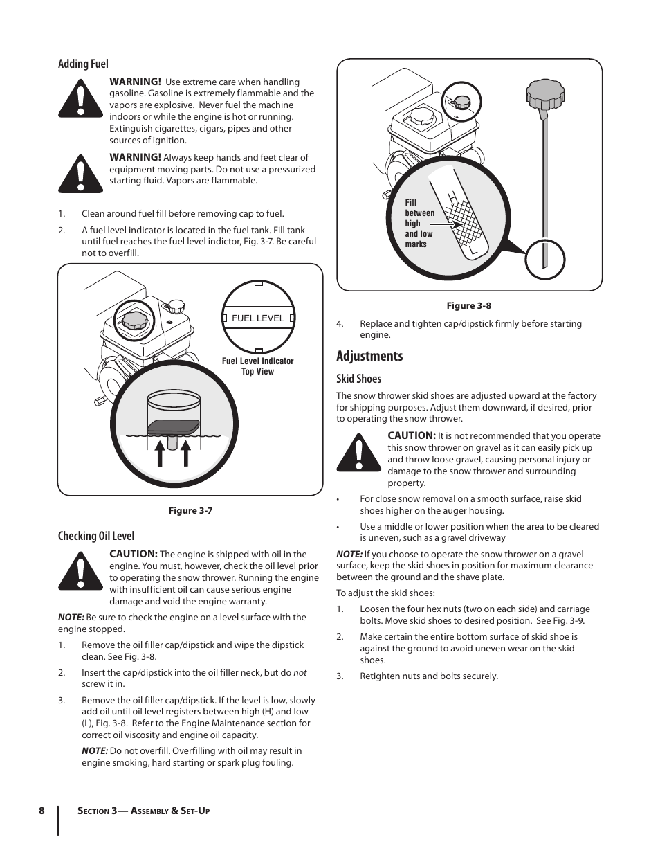 Adjustments, Adding fuel, Checking oil level | Skid shoes | Troy-Bilt 5024 User Manual | Page 8 / 56