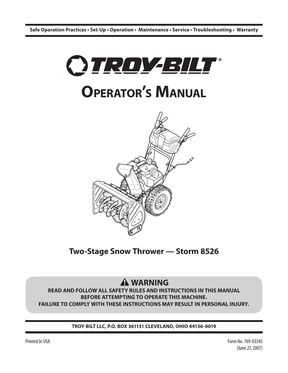 Troy-Bilt Storm 8526 User Manual | 48 pages