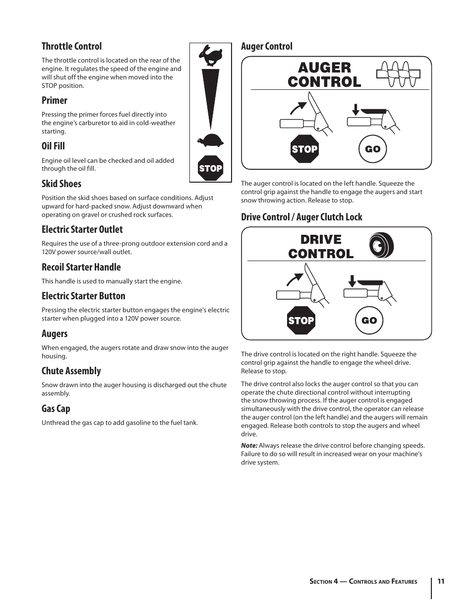 Throttle control, Primer, Oil fill | Skid shoes, Electric starter outlet, Recoil starter handle, Electric starter button, Augers, Chute assembly, Gas cap | Troy-Bilt Storm 8526 User Manual | Page 11 / 48