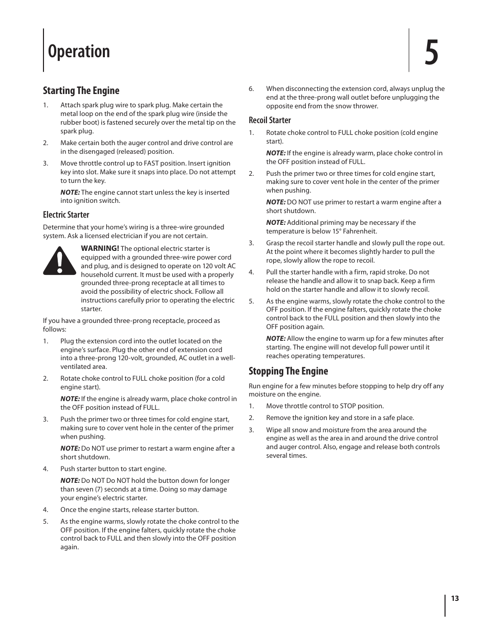 Operation, Starting the engine, Stopping the engine | Troy-Bilt Storm 8526 User Manual | Page 13 / 48