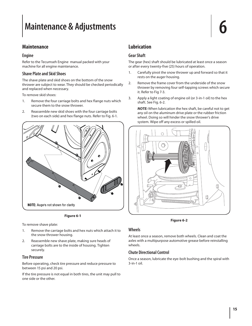 Maintenance & adjustments, Maintenance, Lubrication | Troy-Bilt Storm 8526 User Manual | Page 15 / 48