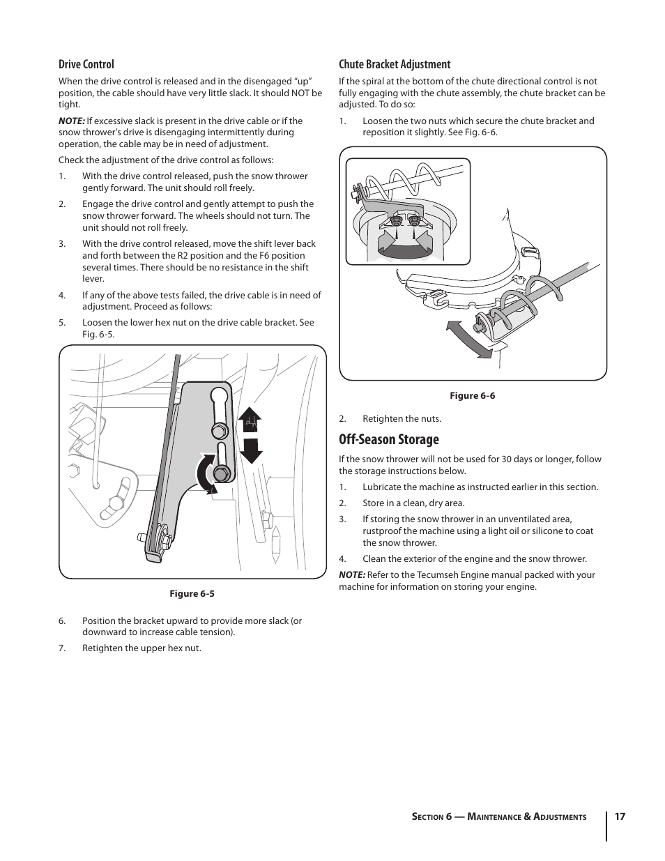 Off-season storage, Drive control, Chute bracket adjustment | Troy-Bilt Storm 8526 User Manual | Page 17 / 48