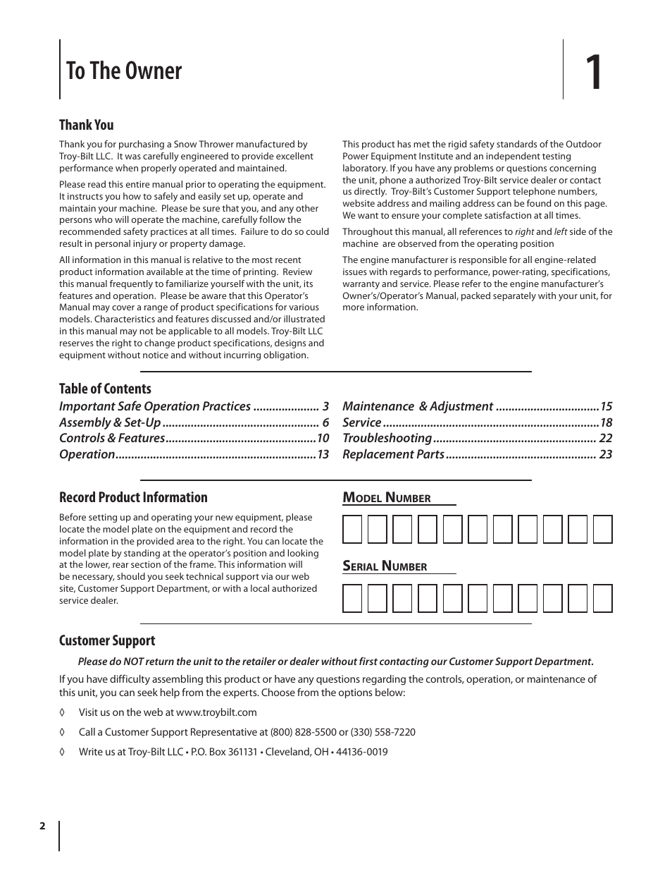 Record product information, Table of contents m, Customer support | Troy-Bilt Storm 8526 User Manual | Page 2 / 48