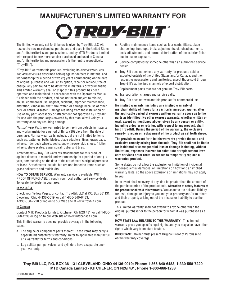 Manufacturer’s limited warranty for | Troy-Bilt Storm 8526 User Manual | Page 24 / 48