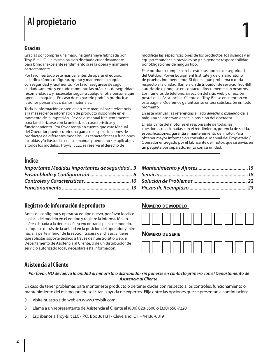 Al propietario, Asistencia al cliente, Gracias | Índice n, Registro de información de producto | Troy-Bilt Storm 8526 User Manual | Page 26 / 48