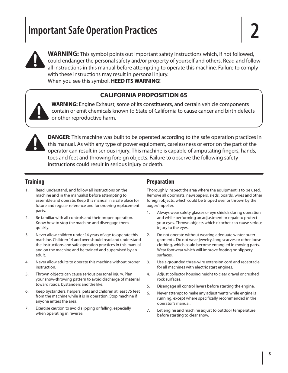 Important safe operation practices, Training, Preparation | Warning, California proposition 65 | Troy-Bilt Storm 8526 User Manual | Page 3 / 48