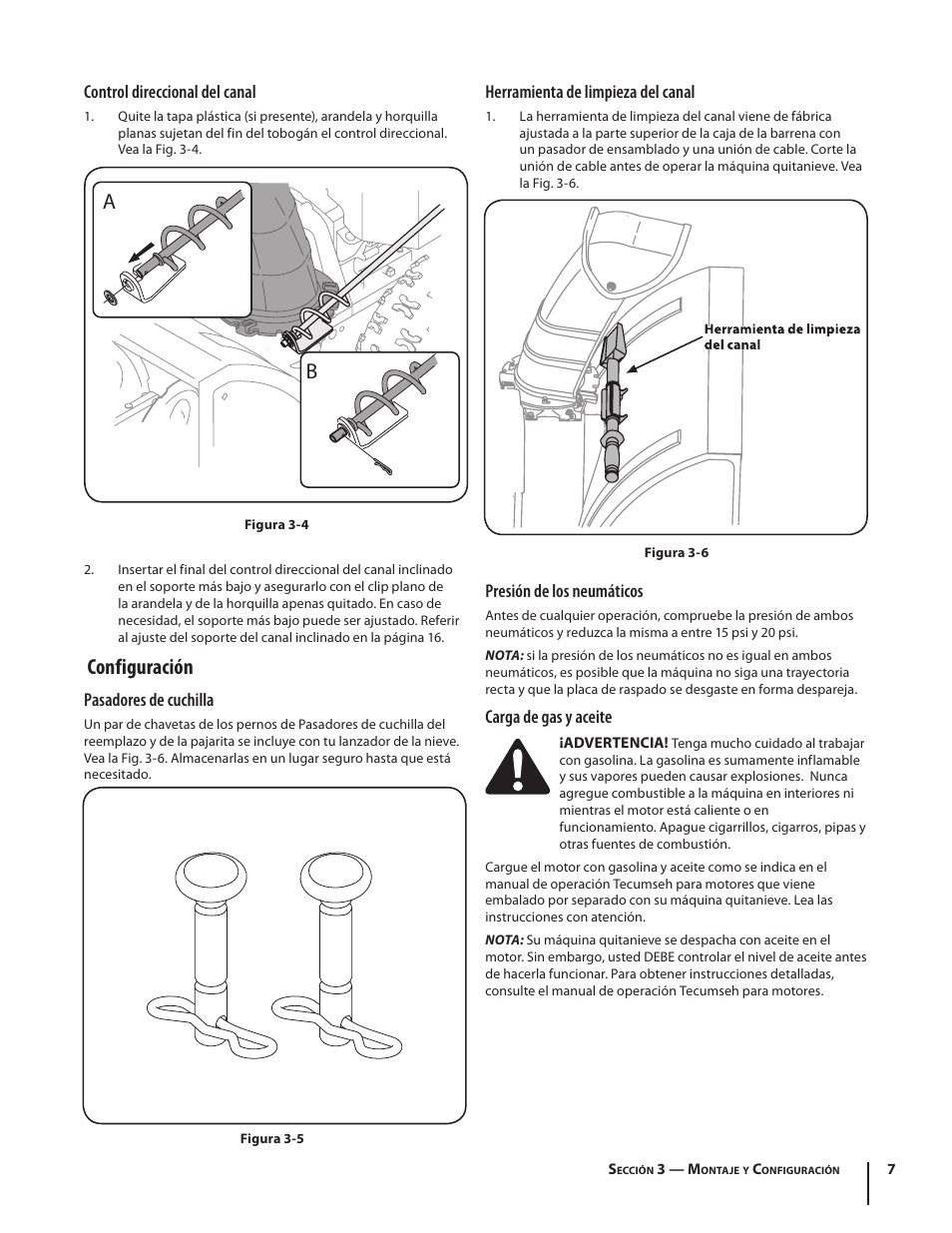 Configuración, Control direccional del canal, Pasadores de cuchilla | Herramienta de limpieza del canal, Presión de los neumáticos, Carga de gas y aceite | Troy-Bilt Storm 8526 User Manual | Page 31 / 48