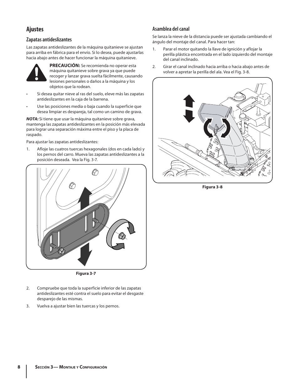 Ajustes, Zapatas antideslizantes, Asamblea del canal | Troy-Bilt Storm 8526 User Manual | Page 32 / 48