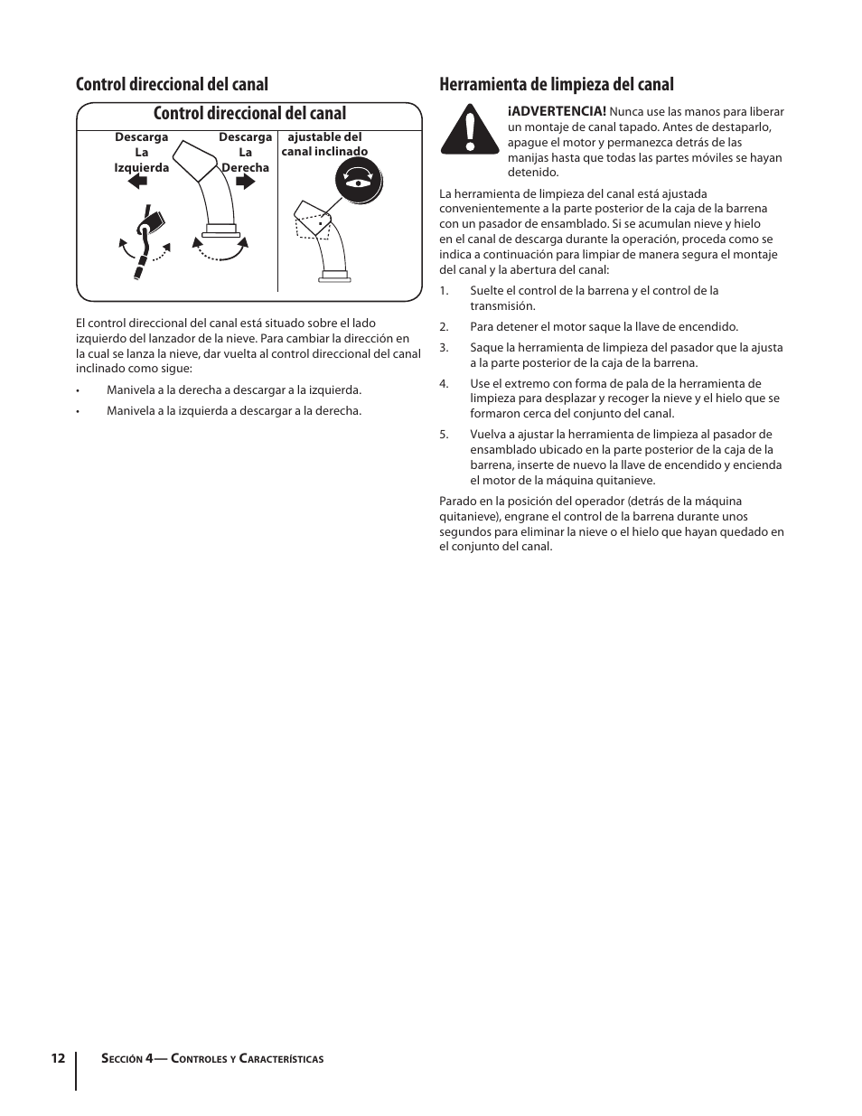 Control direccional del canal, Herramienta de limpieza del canal | Troy-Bilt Storm 8526 User Manual | Page 36 / 48