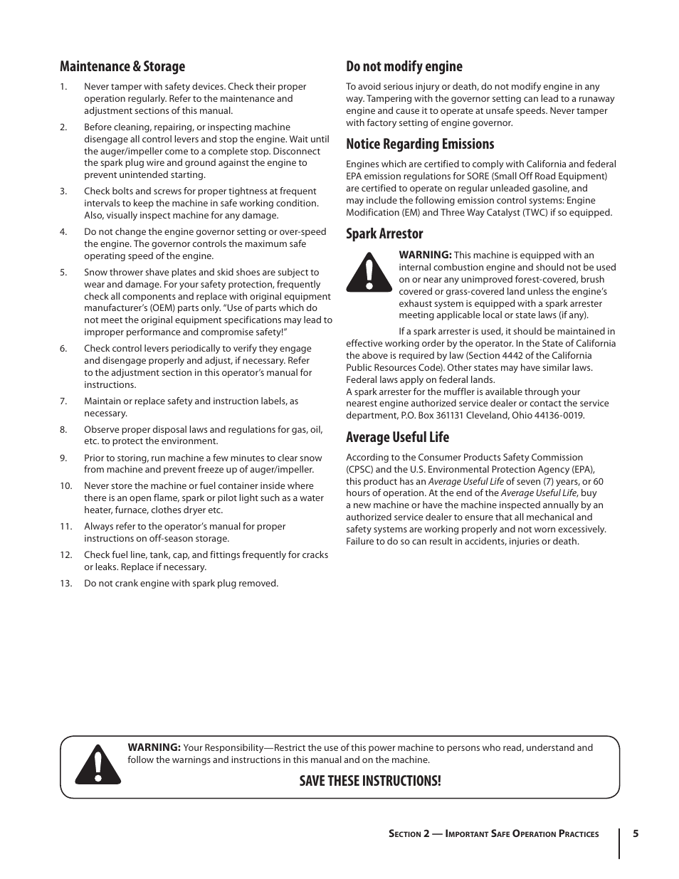 Maintenance & storage, Do not modify engine, Notice regarding emissions | Spark arrestor, Average useful life, Save these instructions | Troy-Bilt Storm 8526 User Manual | Page 5 / 48