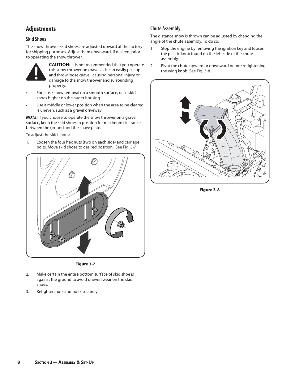 Adjustments, Skid shoes, Chute assembly | Troy-Bilt Storm 8526 User Manual | Page 8 / 48
