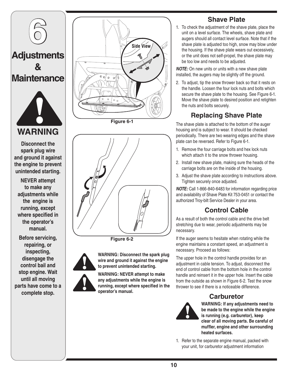 Adjustments & maintenance, Warning | Troy-Bilt 5521 User Manual | Page 10 / 20