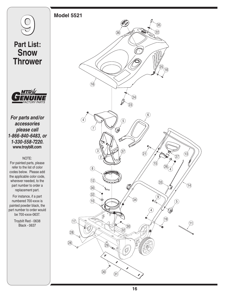 Snow thrower, Part list | Troy-Bilt 5521 User Manual | Page 16 / 20