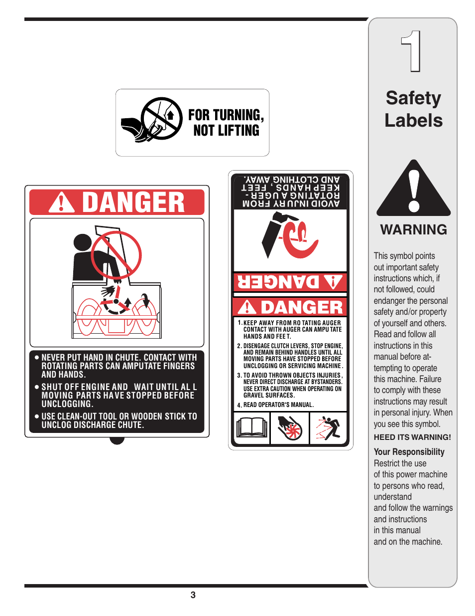 Danger, Safety labels, For turning, not lifting | Warning | Troy-Bilt 5521 User Manual | Page 3 / 20