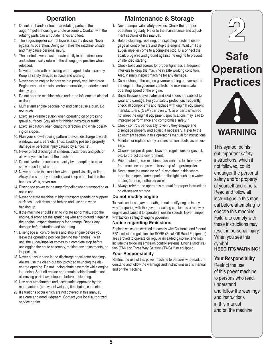 Safe operation practices, Warning, Operation | Maintenance & storage | Troy-Bilt 5521 User Manual | Page 5 / 20