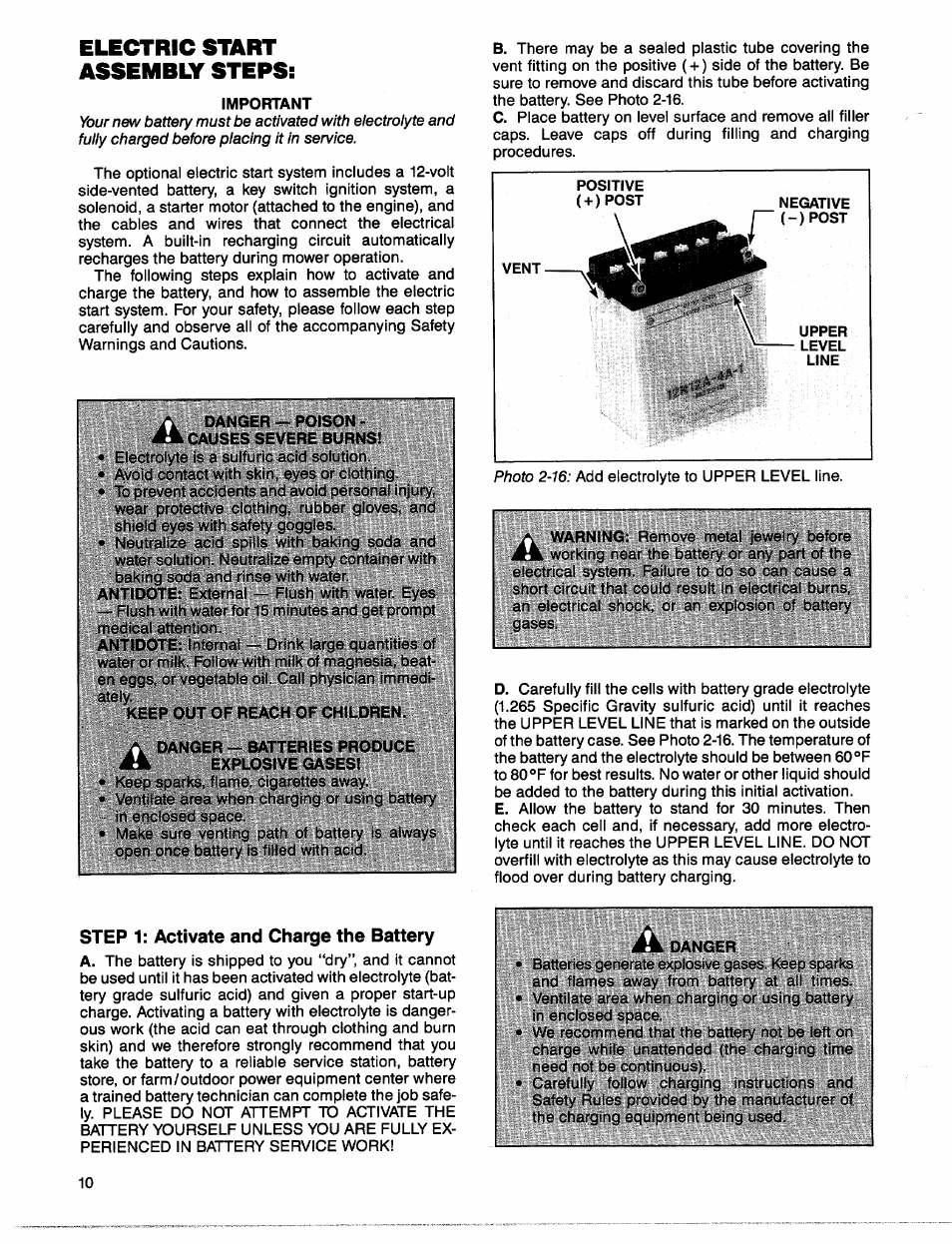 Electric start assembly steps, Step 1: activate and charge the battery | Troy-Bilt 1900678 User Manual | Page 12 / 40