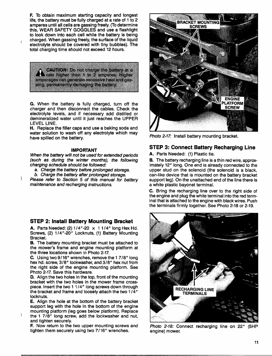 Step 2: install battery mounting bracket, Step 3: connect battery recharging line | Troy-Bilt 1900678 User Manual | Page 13 / 40