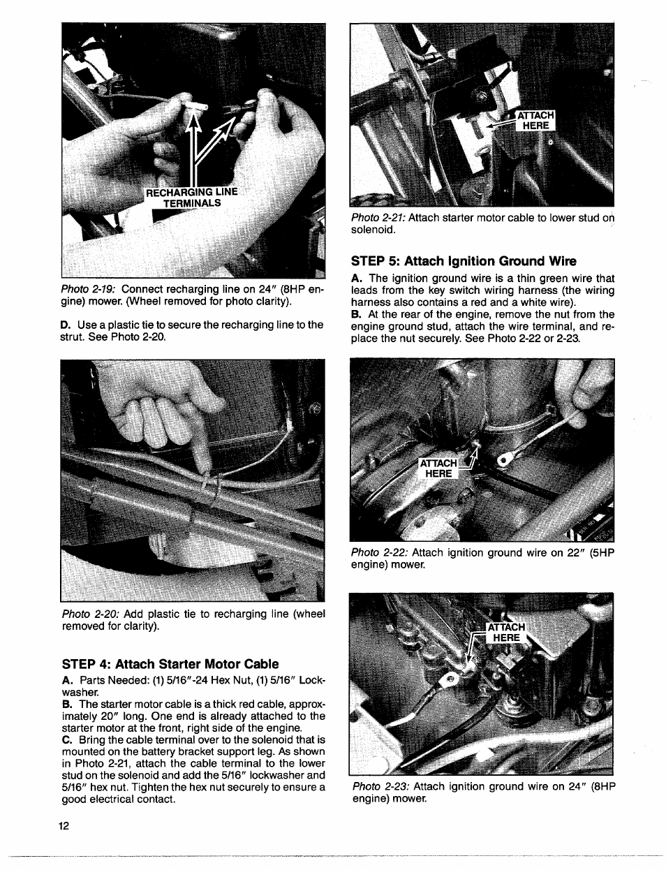 Step 5: attach ignition ground wire, Step 4: attach starter motor cable | Troy-Bilt 1900678 User Manual | Page 14 / 40