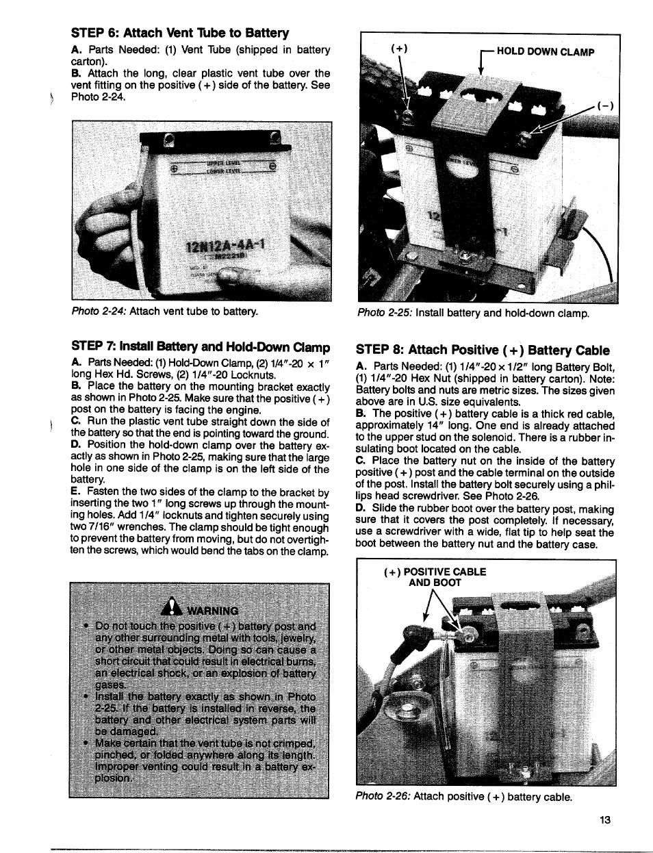 Step 6: attach vent tube to battery, Step 7: install battery and hold-down clamp, Step 8: attach positive (-f) battery cabie | Step 8: attach positive, Battery cabie | Troy-Bilt 1900678 User Manual | Page 15 / 40