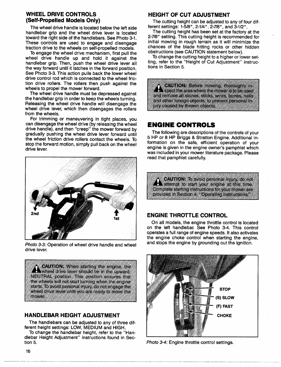 Wheel drive controls (self-propelled models only), Handlebar height adjustment, Height of cut adjustment | Engine controls, Engine throttle control, Height of cut adjustment engine throttie control | Troy-Bilt 1900678 User Manual | Page 18 / 40