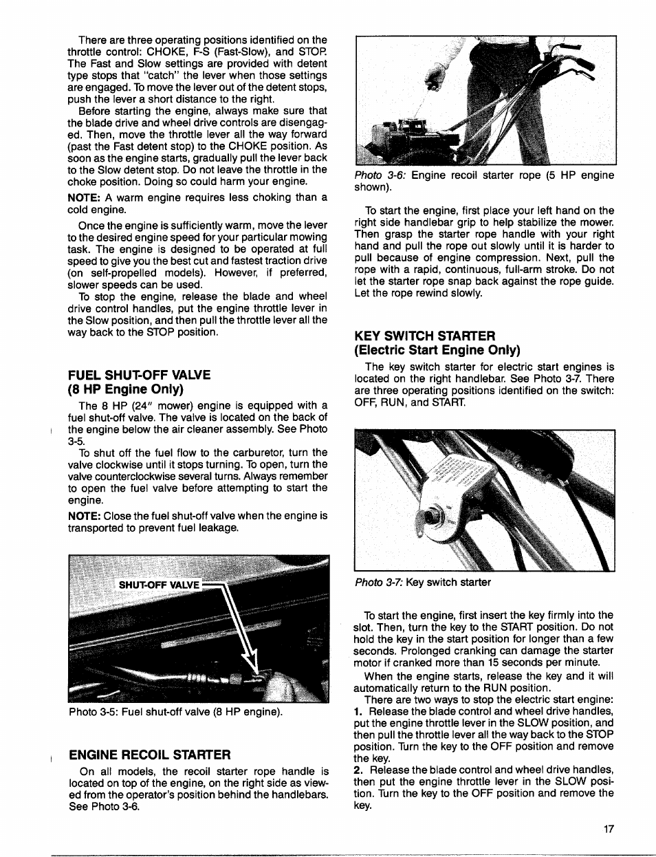 Fuel shut-off valve (8 hp engine only), Engine recoil starter, Key switch starter (electric start engine only) | Troy-Bilt 1900678 User Manual | Page 19 / 40