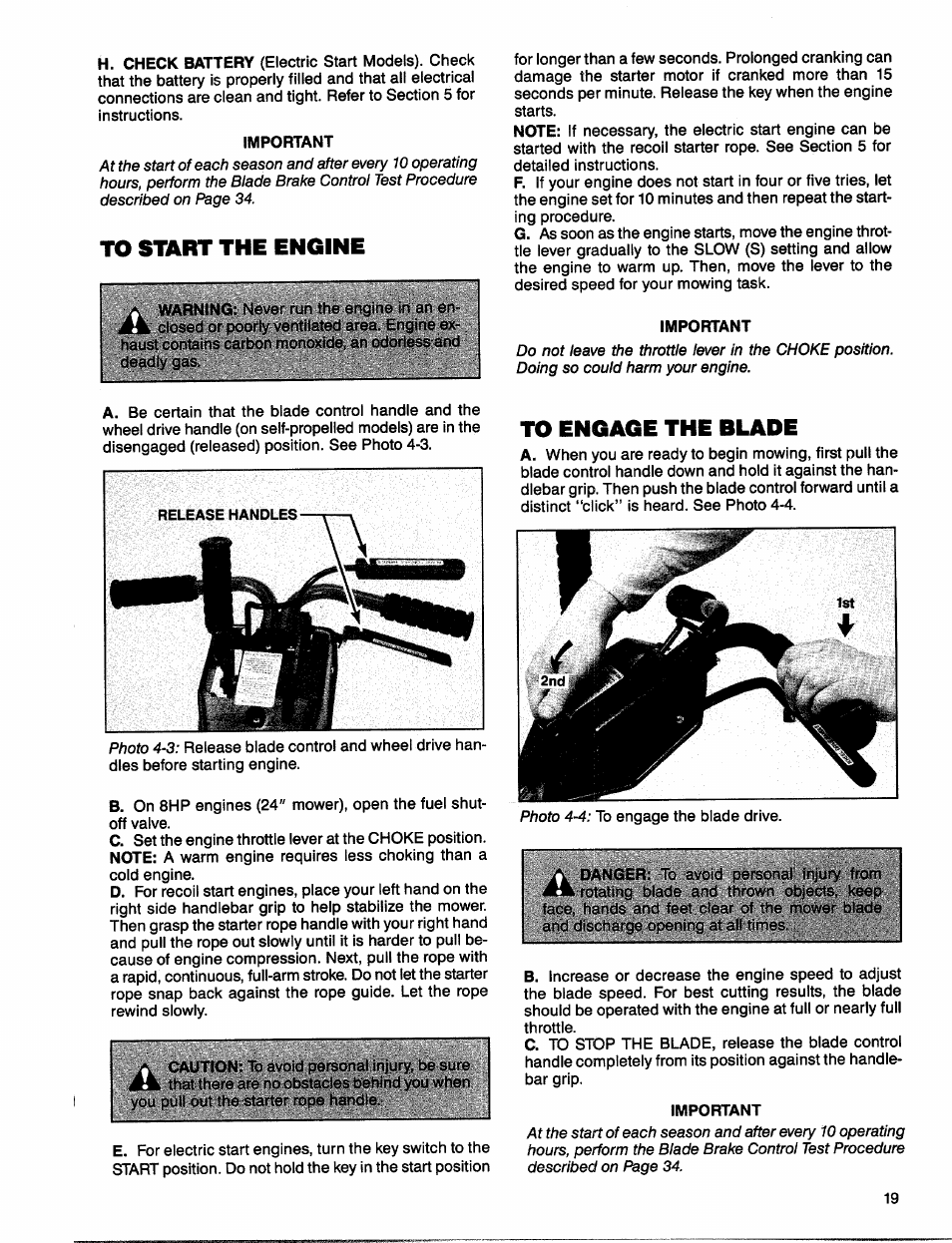 Important, To start the engine, To engage the blade | To start the engine to engage the blade | Troy-Bilt 1900678 User Manual | Page 21 / 40