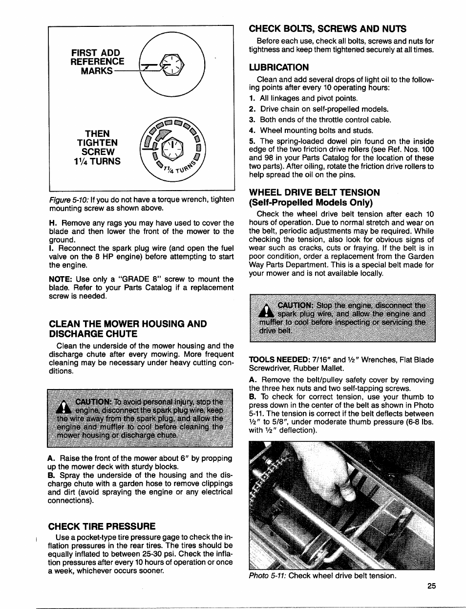 Clean the mower housing and discharge chute, Check tire pressure, Check bolts, screws and nuts | Lubrication | Troy-Bilt 1900678 User Manual | Page 27 / 40