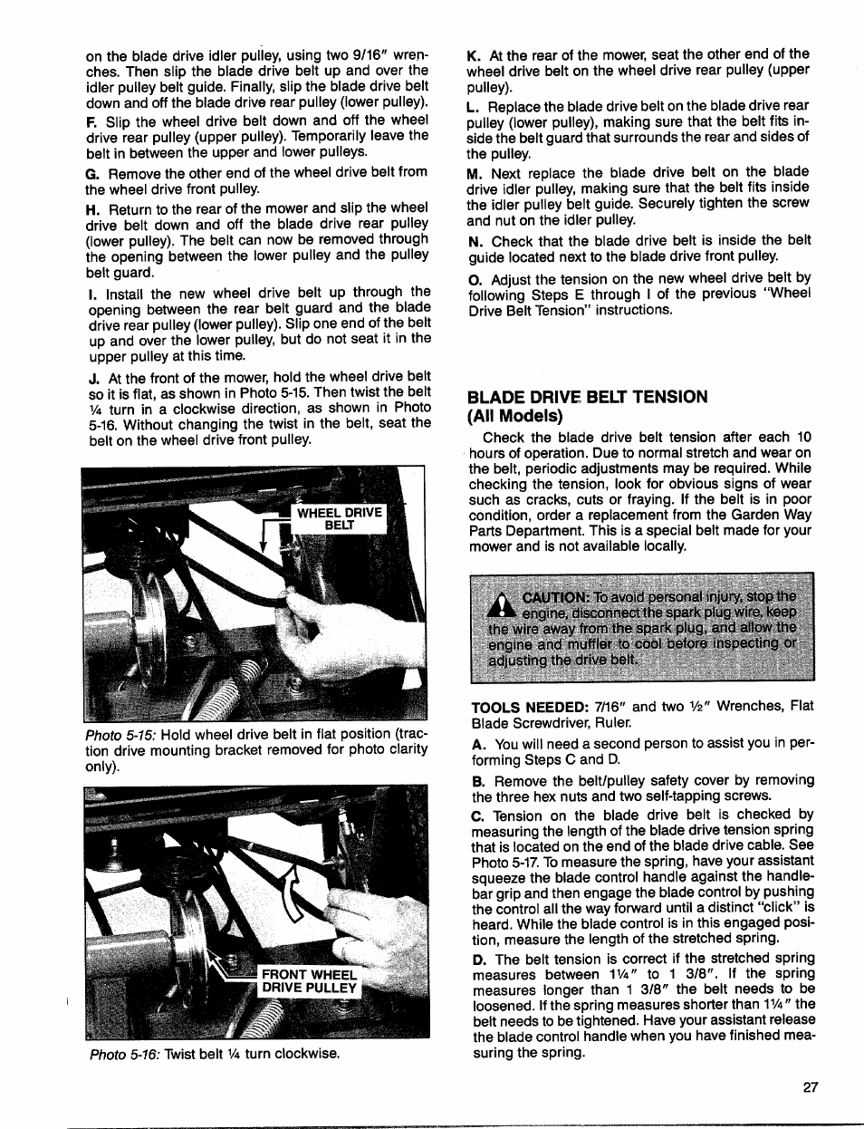 Blade drive belt tension (all models) | Troy-Bilt 1900678 User Manual | Page 29 / 40
