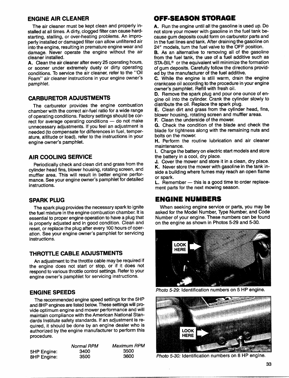 Engine air cleaner, Carburetor adjustments, Air cooling service | Off-season storage, Spark plug, Throttle cable adjustments, Engine speeds, Engine numbers | Troy-Bilt 1900678 User Manual | Page 35 / 40