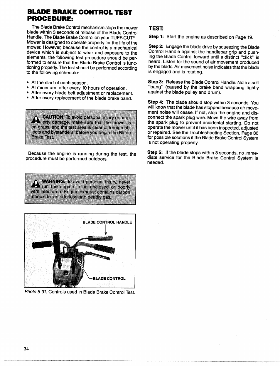 Blade brake control test procedure | Troy-Bilt 1900678 User Manual | Page 36 / 40