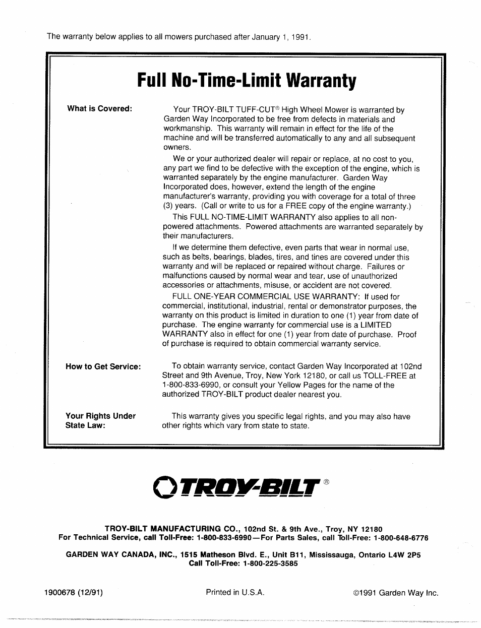 What is covered, How to get service, Your rights under state law | Full no-time-llmit warranty | Troy-Bilt 1900678 User Manual | Page 40 / 40