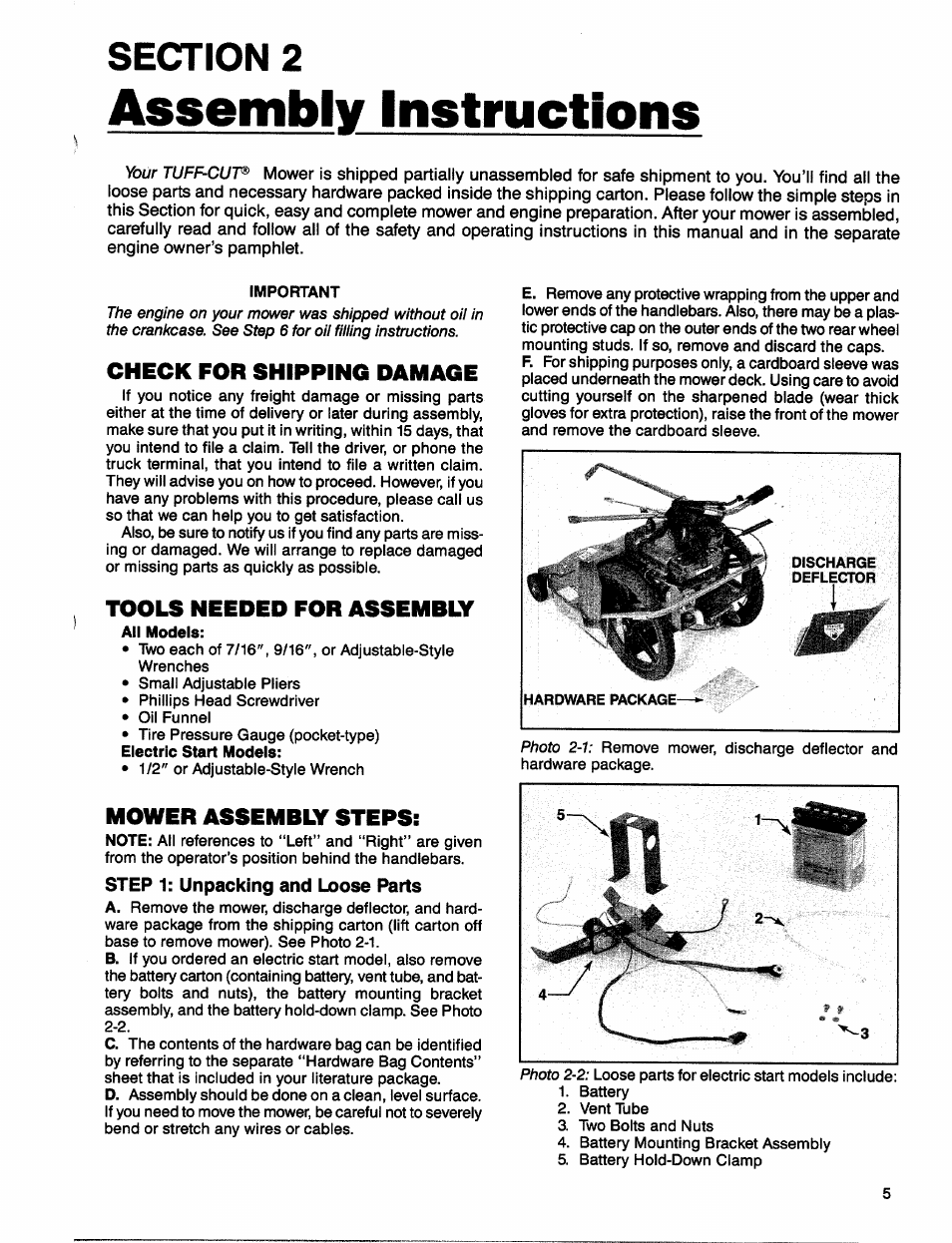 Assembly instructions, Check for shipping damage, Tools needed for assembly | Mower assembly steps, Step 1: unpacking and loose parts, Toois needed for assembiy | Troy-Bilt 1900678 User Manual | Page 7 / 40