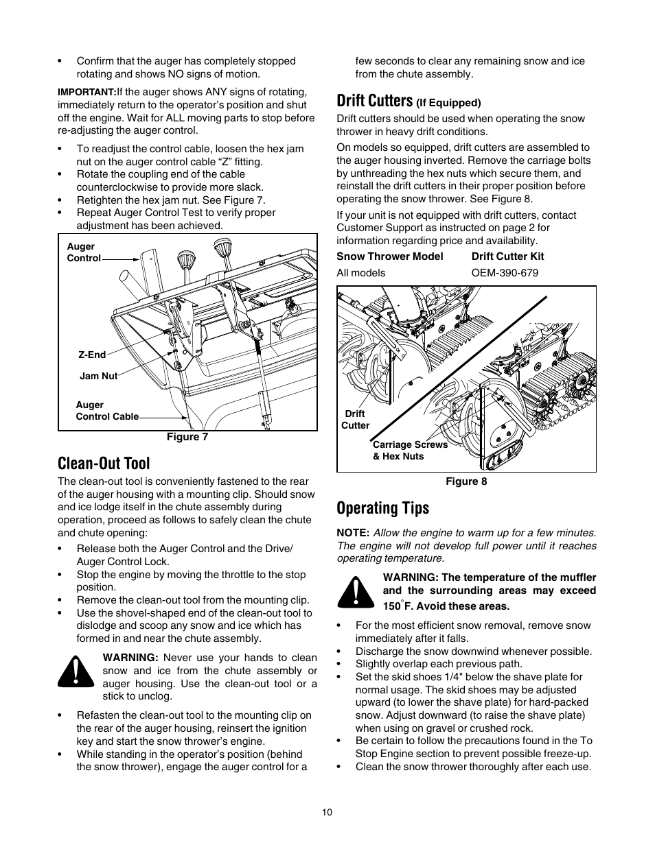 Clean-out tool, Drift cutters (if equipped), Operating tips | Drift cutters | Troy-Bilt 1028 User Manual | Page 10 / 32