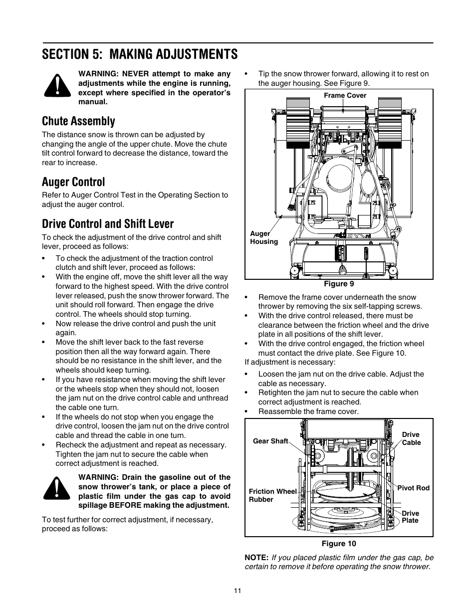 Section 5: making adjustments, Chute assembly, Auger control | Drive control and shift lever | Troy-Bilt 1028 User Manual | Page 11 / 32