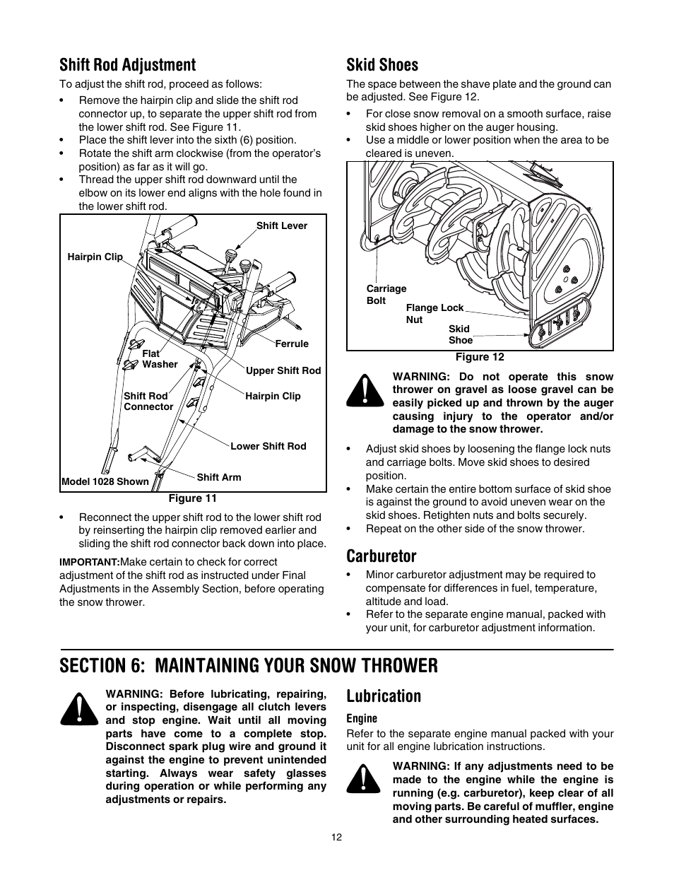 Shift rod adjustment, Skid shoes, Carburetor | Section 6: maintaining your snow thrower, Lubrication | Troy-Bilt 1028 User Manual | Page 12 / 32