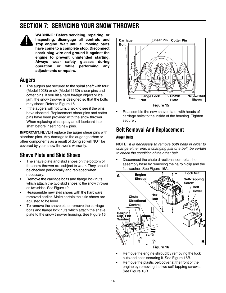 Section 7: servicing your snow thrower, Augers, Shave plate and skid shoes | Belt removal and replacement | Troy-Bilt 1028 User Manual | Page 14 / 32