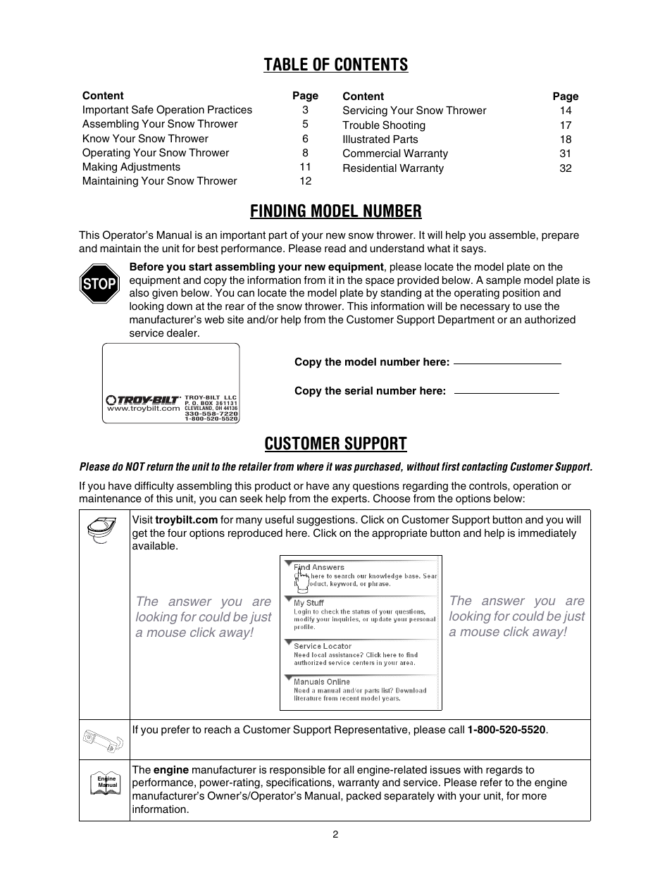 Table of contents finding model number, Customer support | Troy-Bilt 1028 User Manual | Page 2 / 32