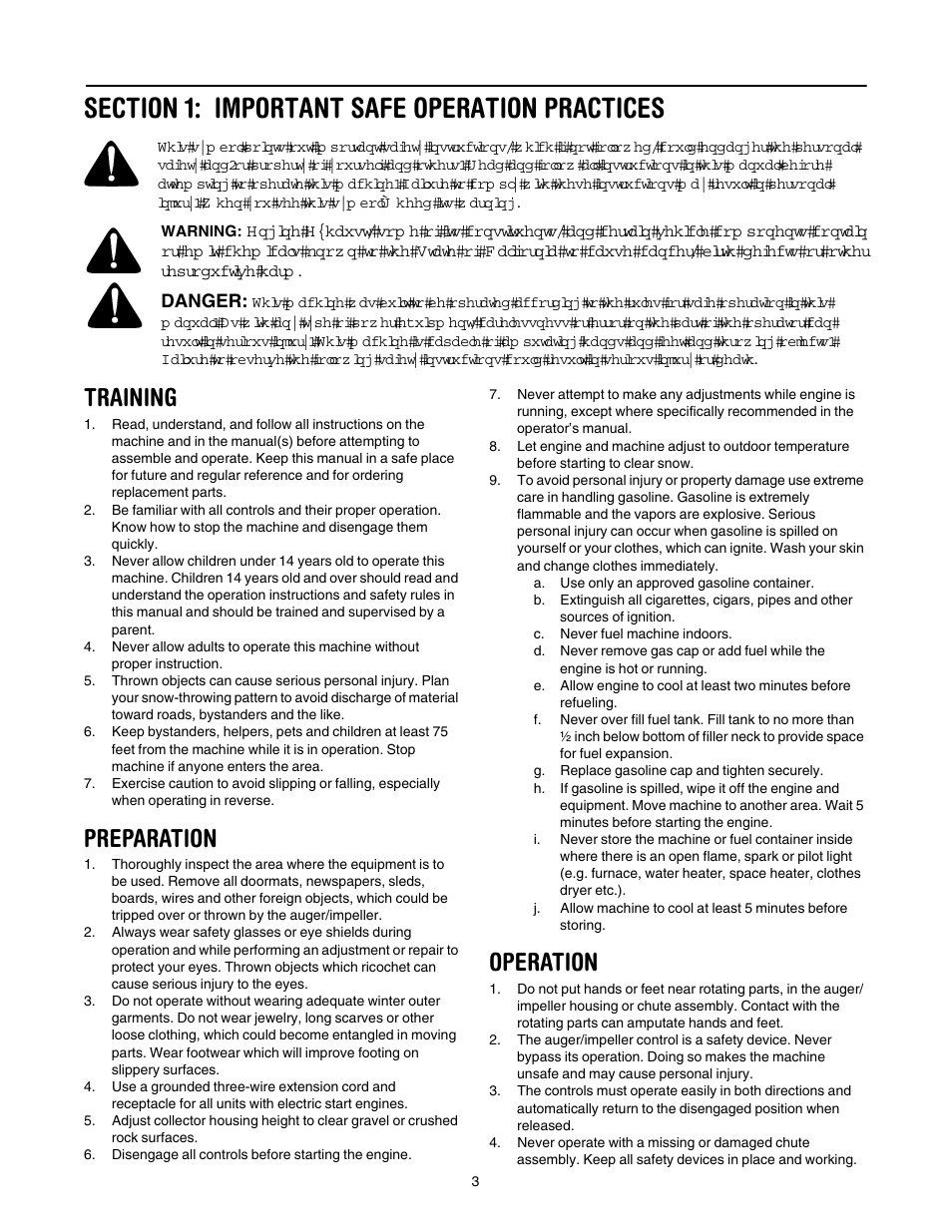 Section 1: important safe operation practices, Training, Preparation | Operation | Troy-Bilt 1028 User Manual | Page 3 / 32