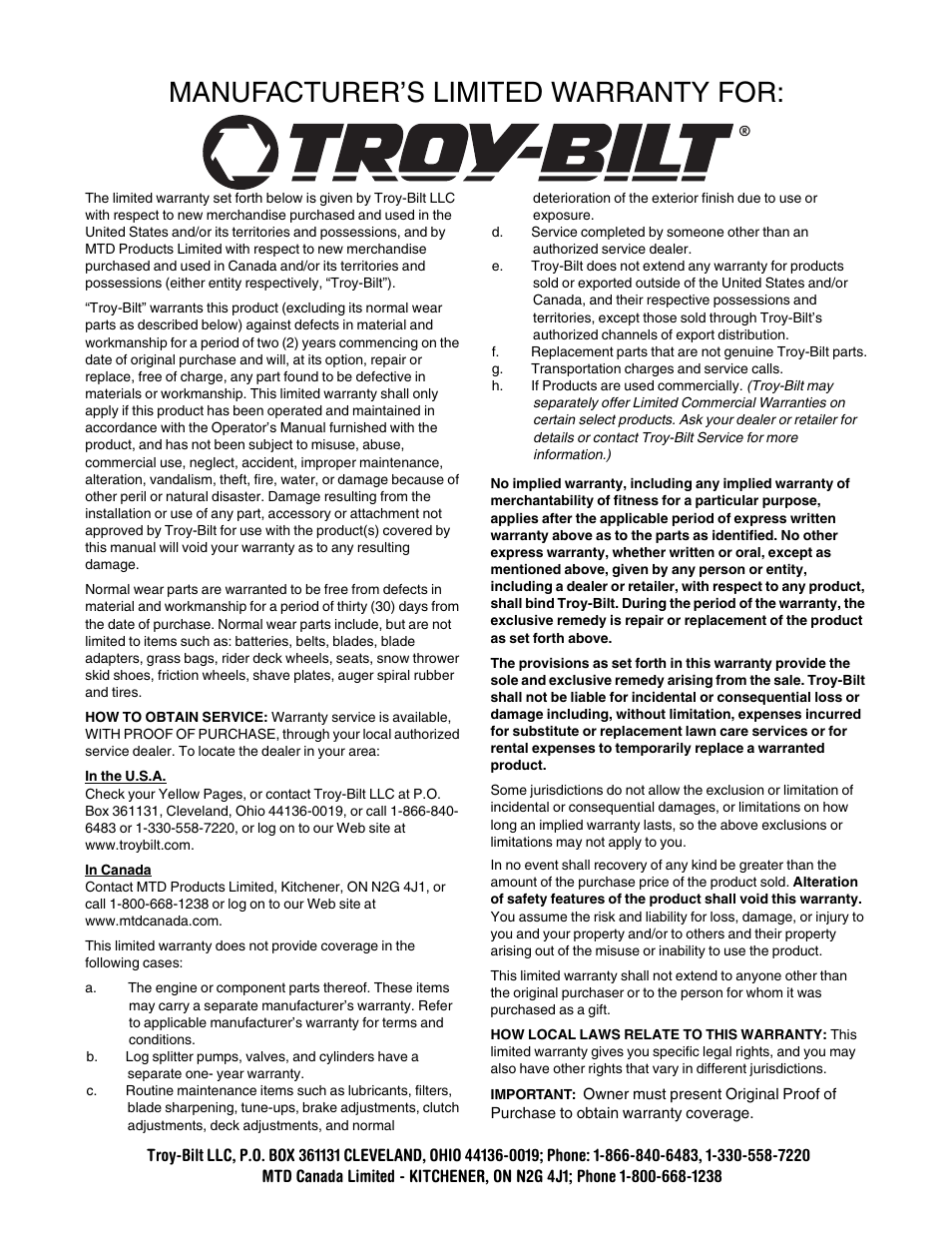 Manufacturer’s limited warranty for | Troy-Bilt 1028 User Manual | Page 32 / 32