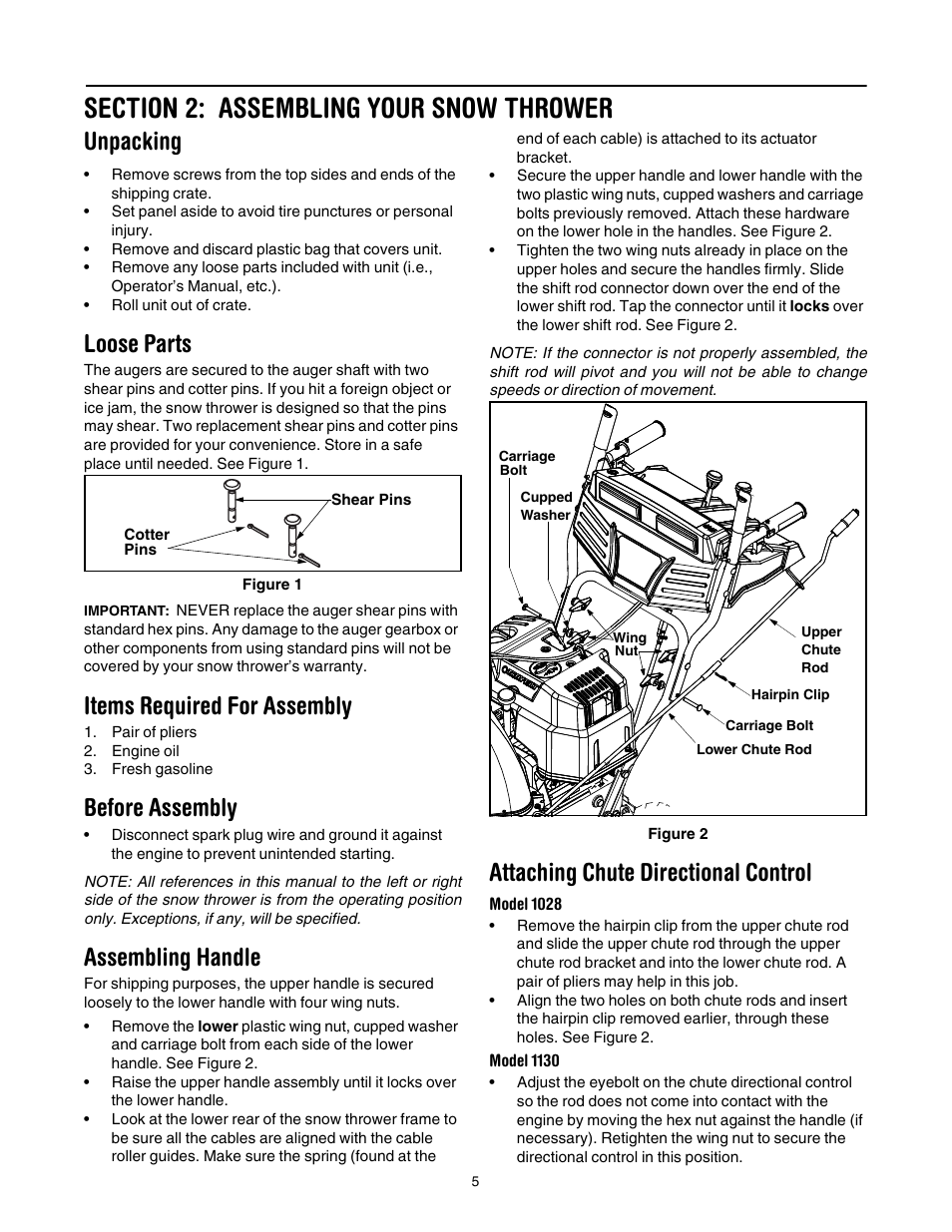 Section 2: assembling your snow thrower, Loose parts, Items required for assembly | Before assembly, Assembling handle, Attaching chute directional control, Unpacking | Troy-Bilt 1028 User Manual | Page 5 / 32