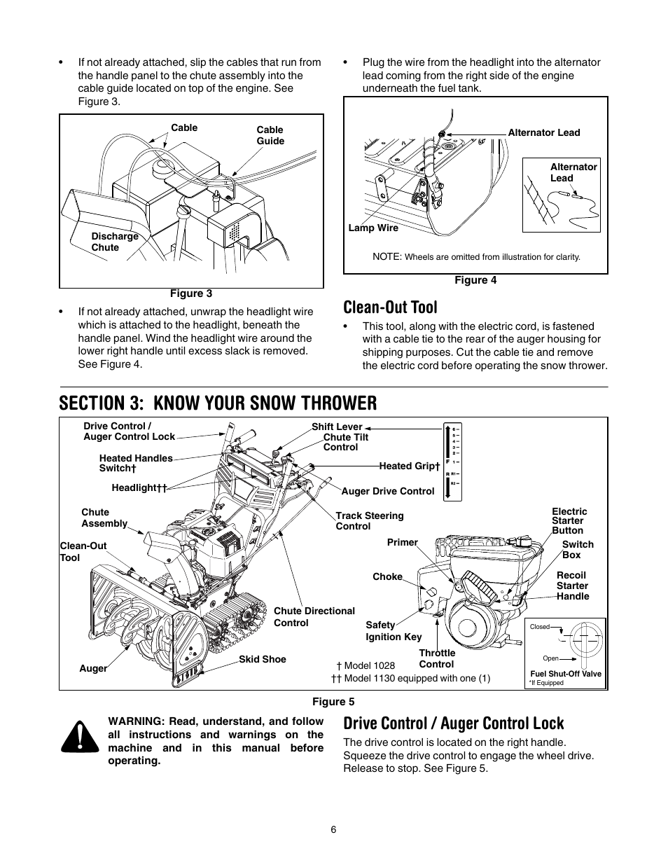 Clean-out tool, Section 3: know your snow thrower, Drive control / auger control lock | Troy-Bilt 1028 User Manual | Page 6 / 32